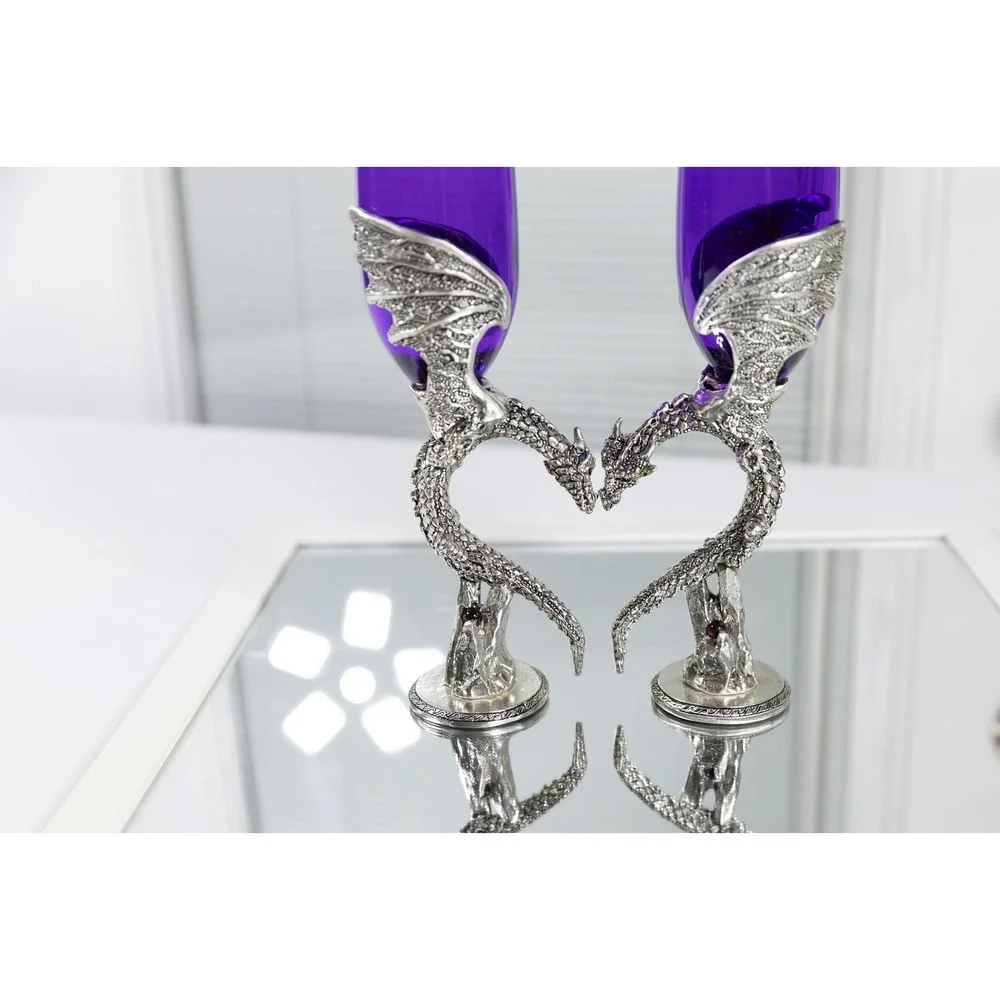 Fellowship Foundry Dragon Heart Wing Purple Glass Pewter Wedding Flutes Pair